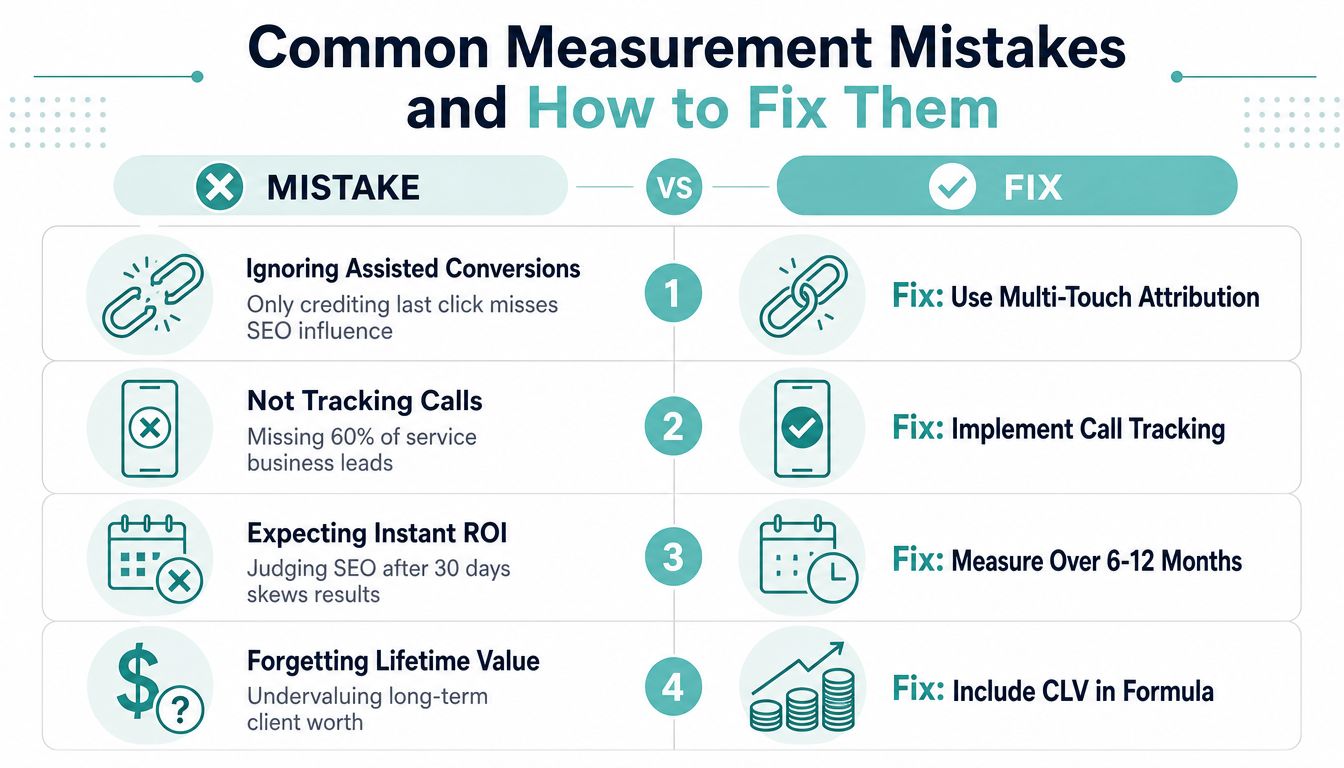 An infographic illustrating four common SEO measurement mistakes and their corresponding practical solutions for better marketing performance.
