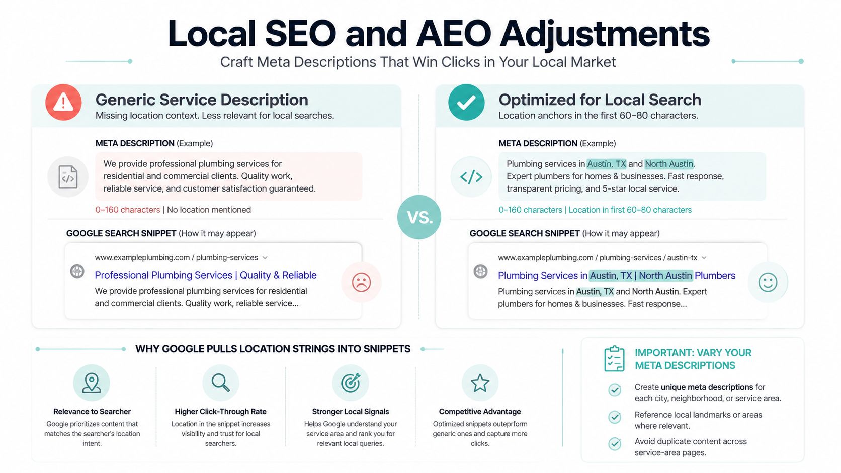 An infographic comparing generic versus locally optimized meta descriptions to improve local search engine rankings and clicks.
