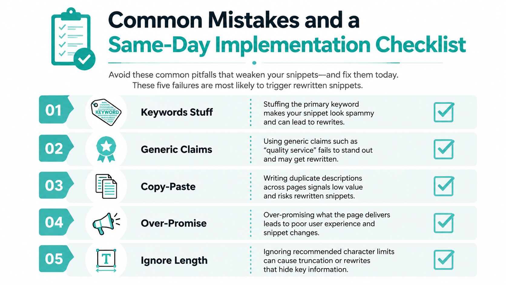 A checklist highlighting five common mistakes that lead to rewritten meta description snippets in search results.