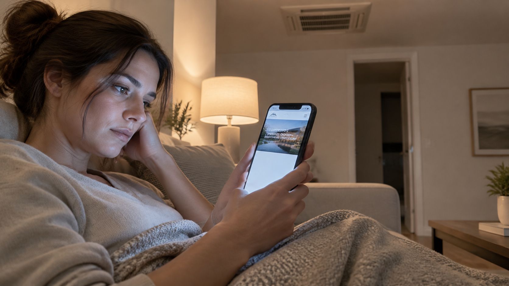 A woman relaxing on a couch at home, browsing a modern HVAC company website on her smartphone.
