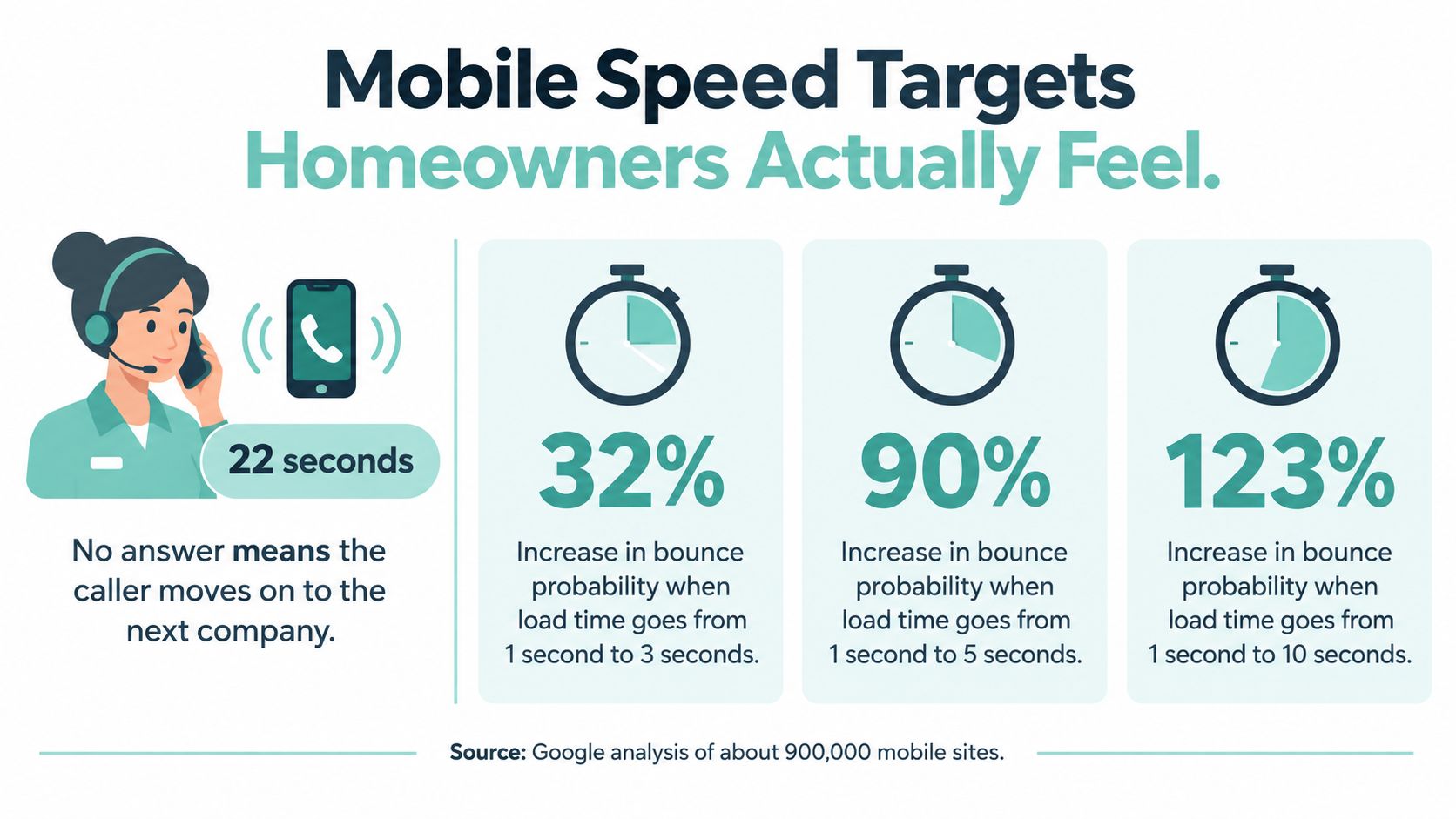 An infographic showing mobile site load times and their corresponding increase in bounce probability for homeowners.