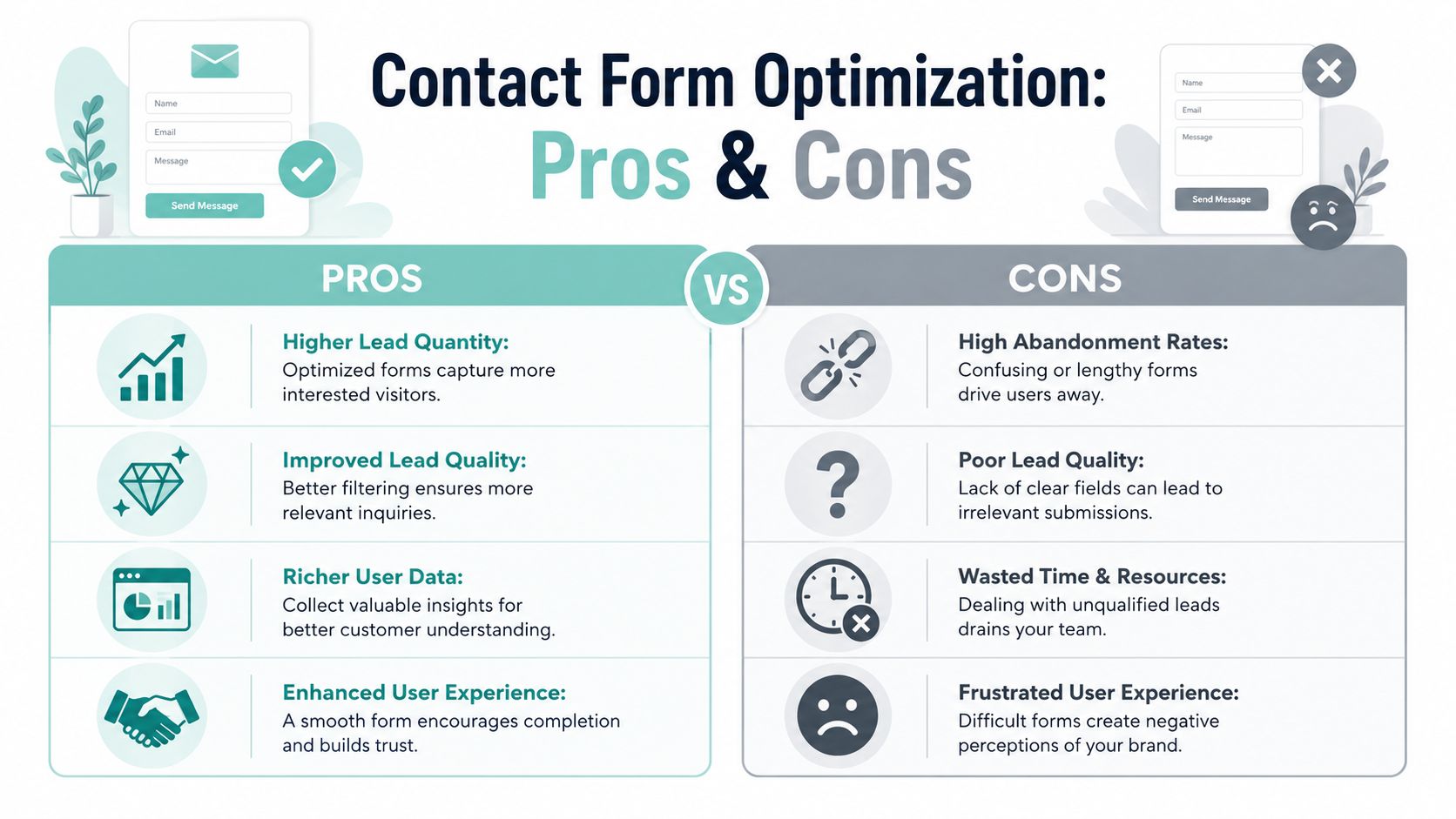 A comparison infographic showing the pros and cons of optimizing contact forms for website lead generation.