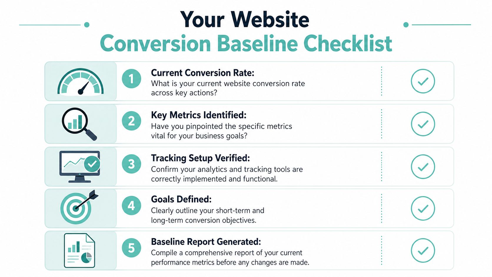 A five-step website conversion baseline checklist infographic illustrating how to track, analyze, and optimize business performance metrics.