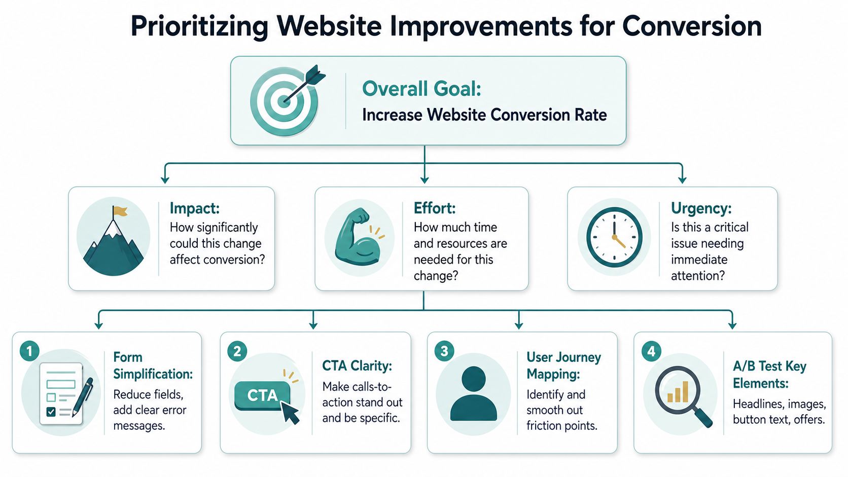 A diagram outlining criteria and strategies for prioritizing website improvements to increase the overall conversion rate.