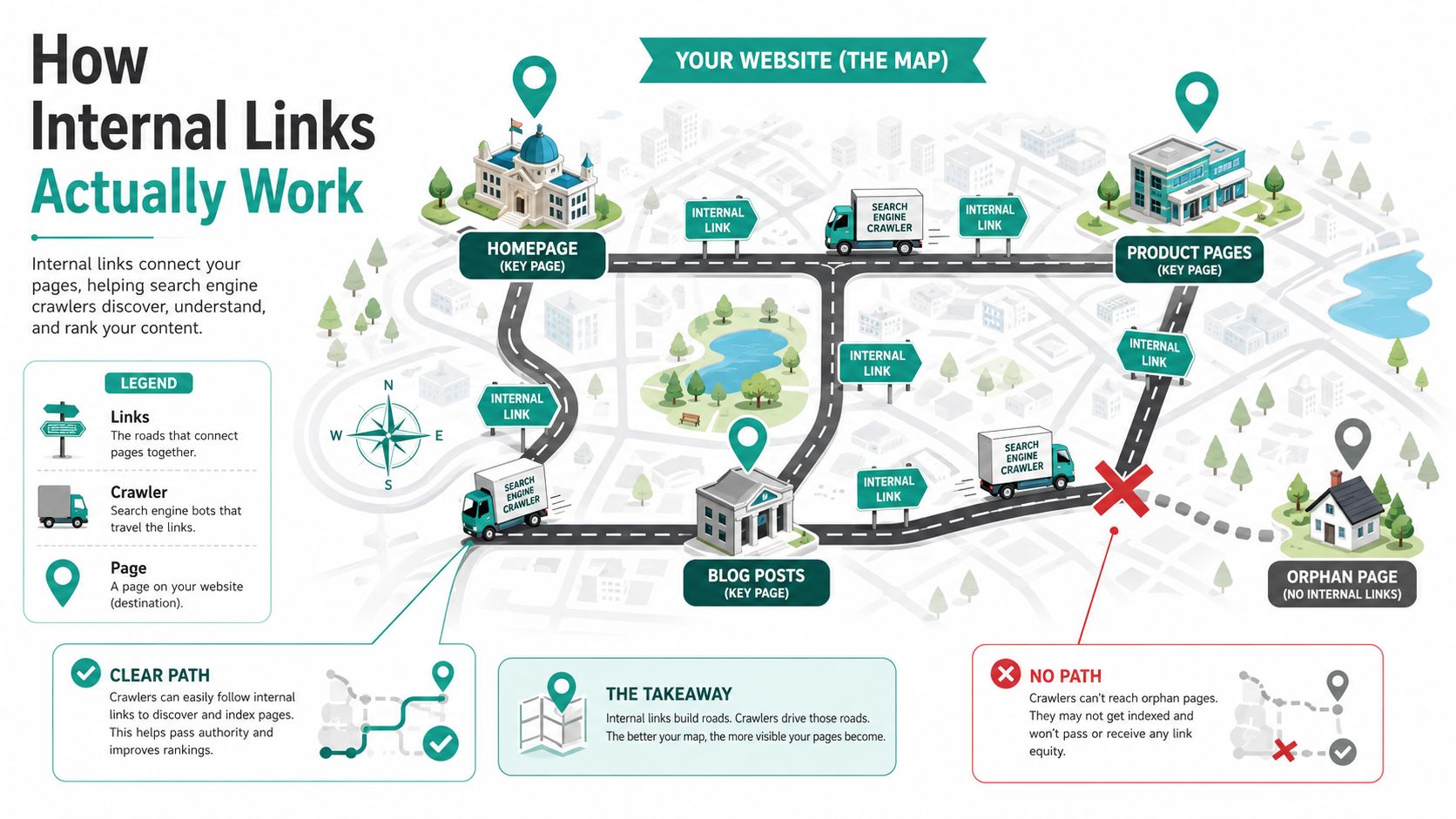 An infographic illustration demonstrating how internal linking helps search engine crawlers navigate website page structures effectively.