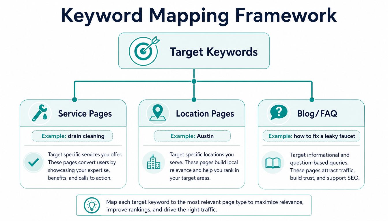 A diagram outlining the Keyword Mapping Framework with service, location, and blog or FAQ pages.