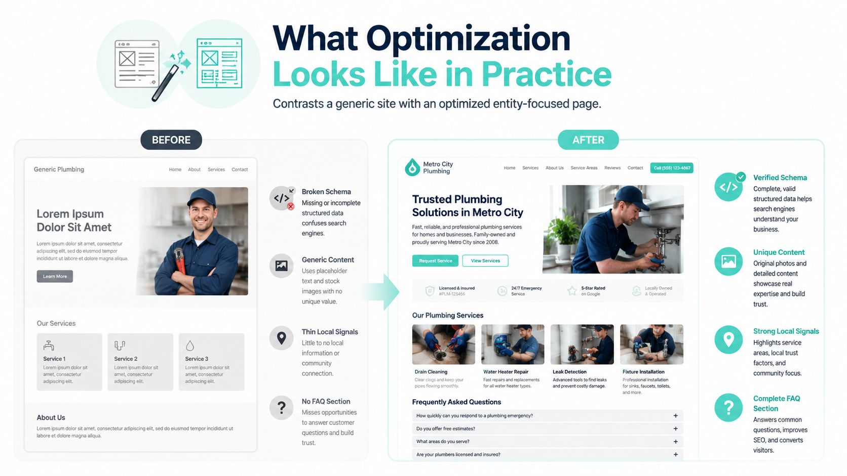A comparison infographic showing how to transform a generic plumbing website into an optimized entity-focused page.