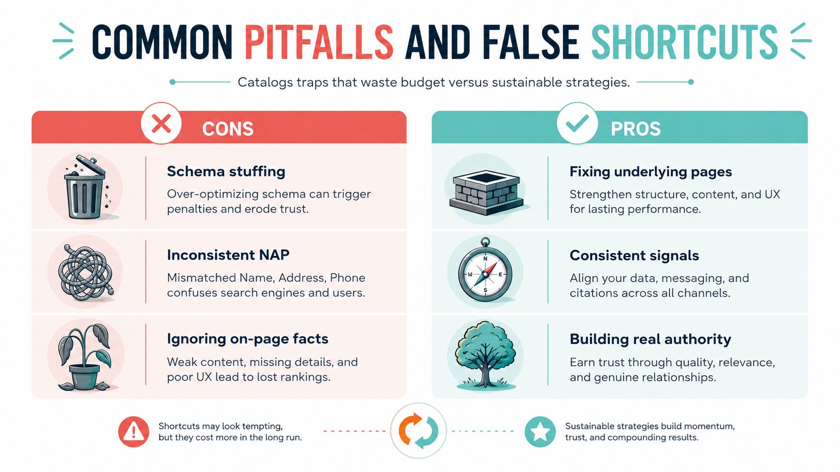 A comparison chart showing SEO pitfalls on the left and sustainable growth strategies on the right side.