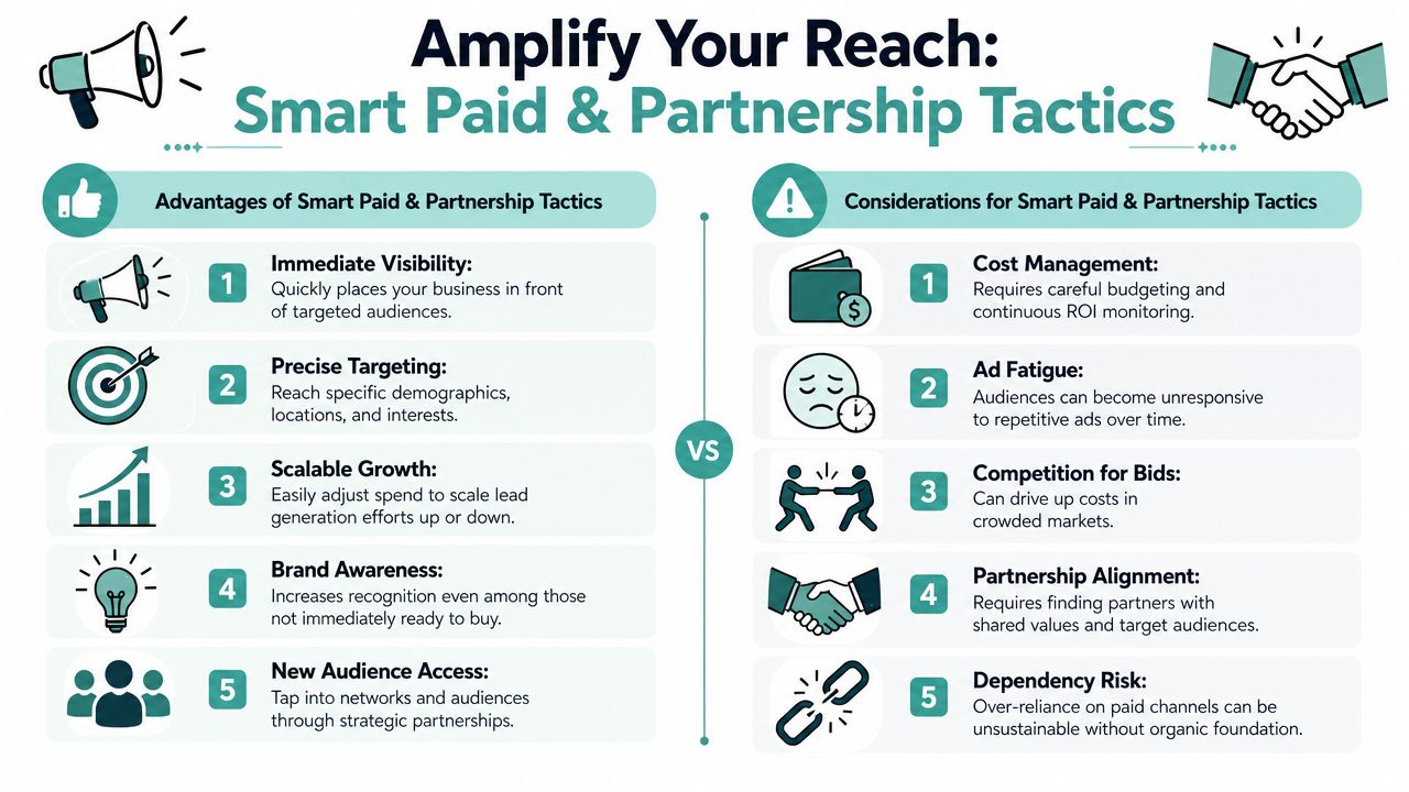 An infographic comparing the pros and cons of using paid advertising and strategic partnerships for business growth.