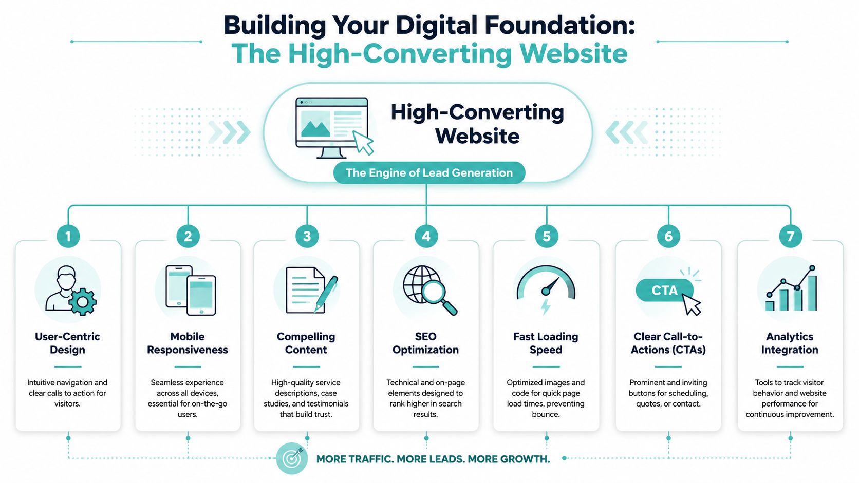 A diagram illustrating seven essential components for building a high-converting website to improve lead generation.
