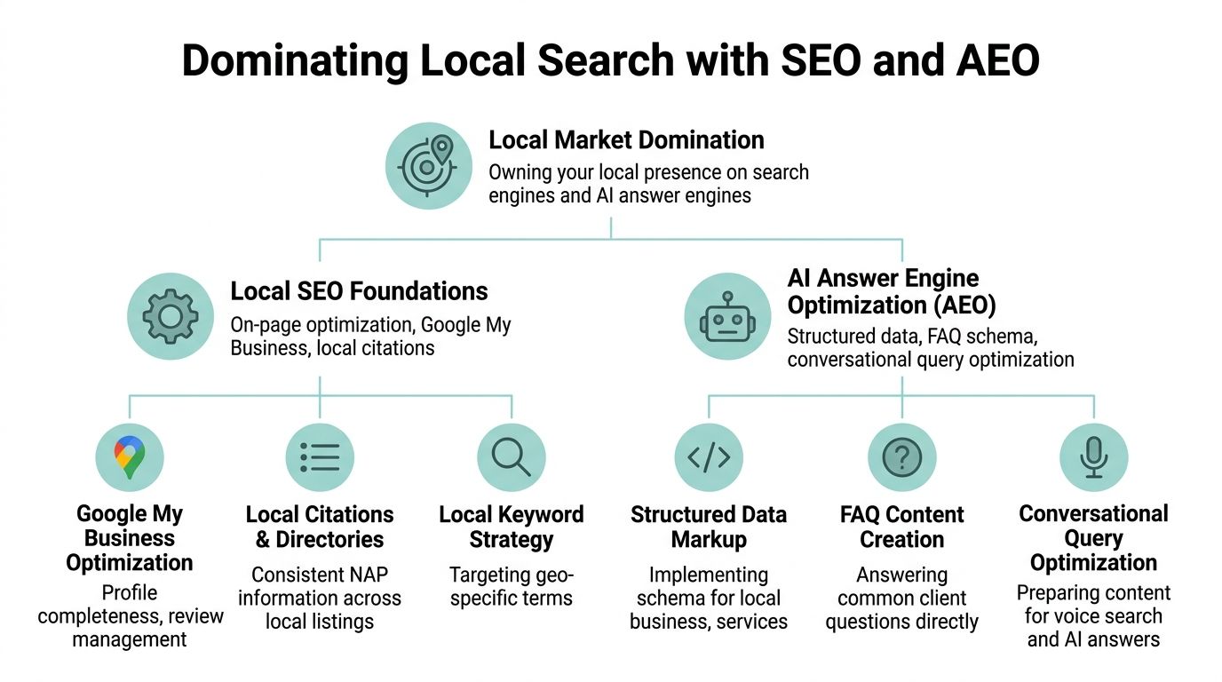An infographic showing strategies for local search domination including local SEO and AI answer engine optimization tactics.