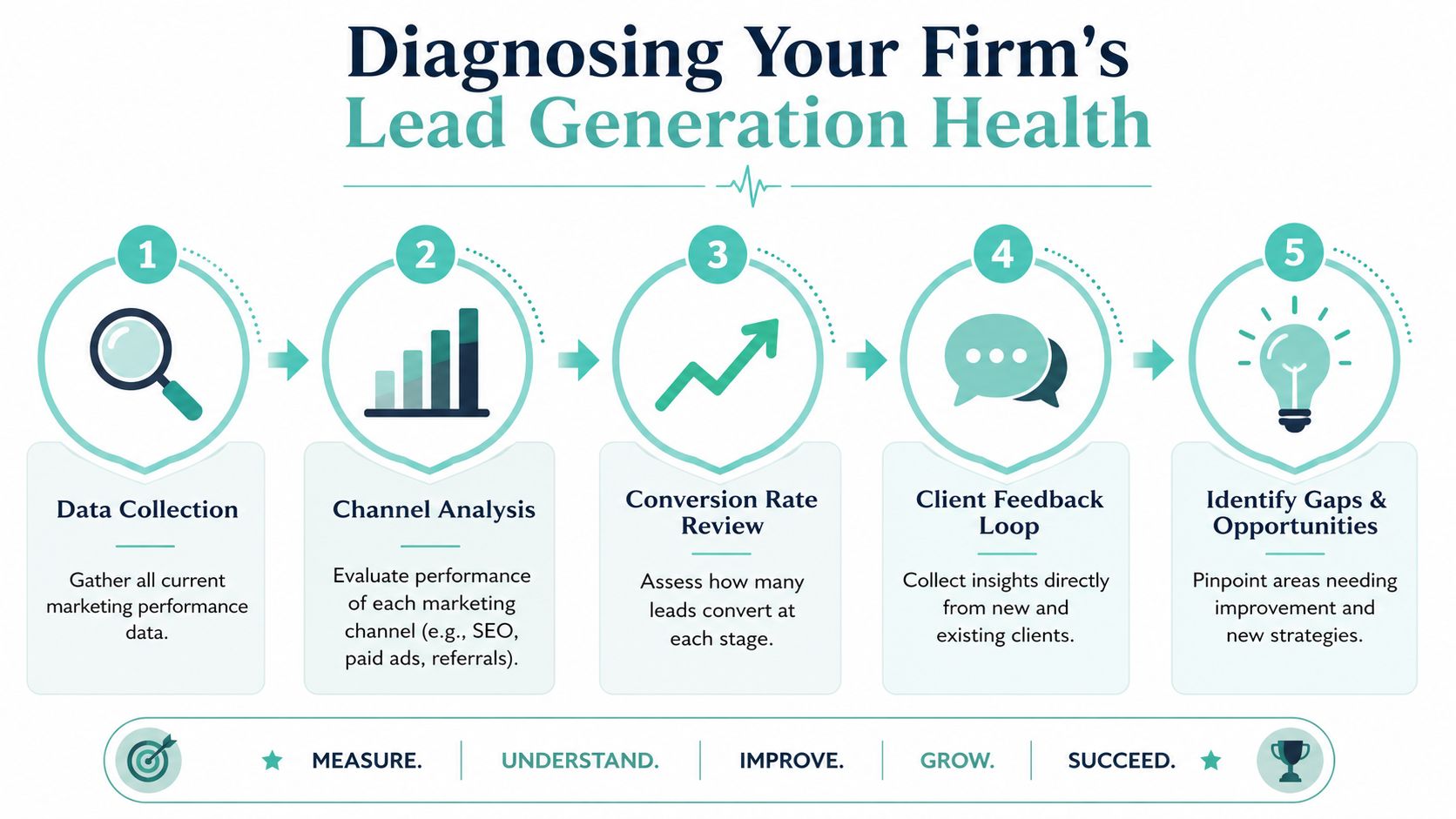 A five-step infographic showing the process for diagnosing and improving a firm's lead generation marketing performance.