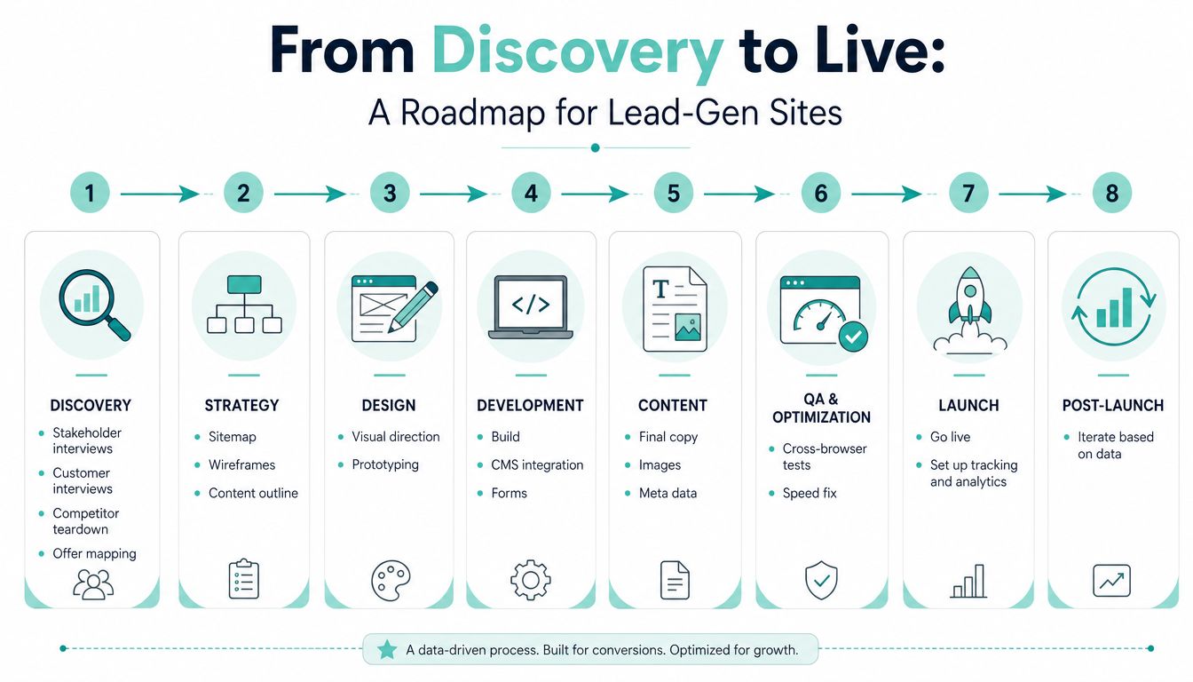 A step-by-step roadmap infographic for developing lead generation websites from initial discovery to post-launch optimization.