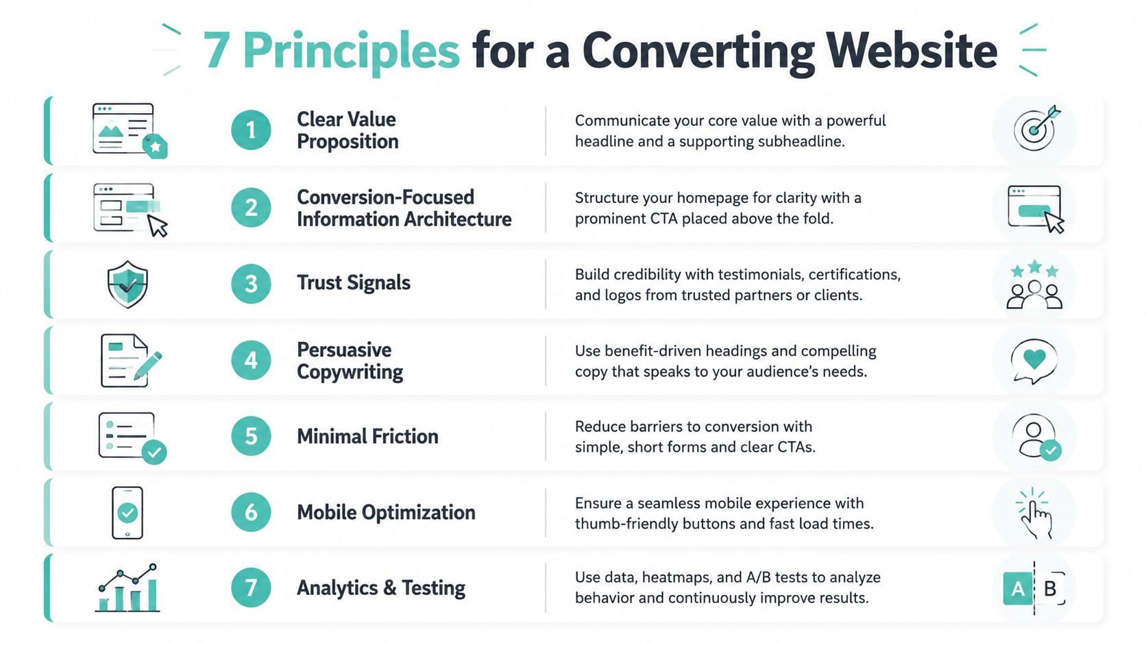 An infographic titled 7 Principles for a Converting Website listing key strategies for improving web design conversions.