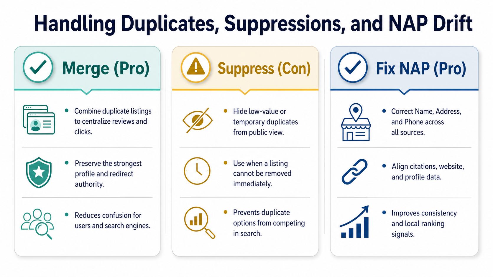 A visual guide illustrating strategies for handling duplicate business listings, including merging, suppressing, and fixing NAP consistency.
