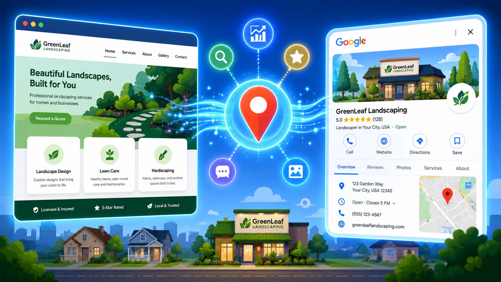 A digital illustration showing a landscaping website connected to a Google business profile via a map pin.