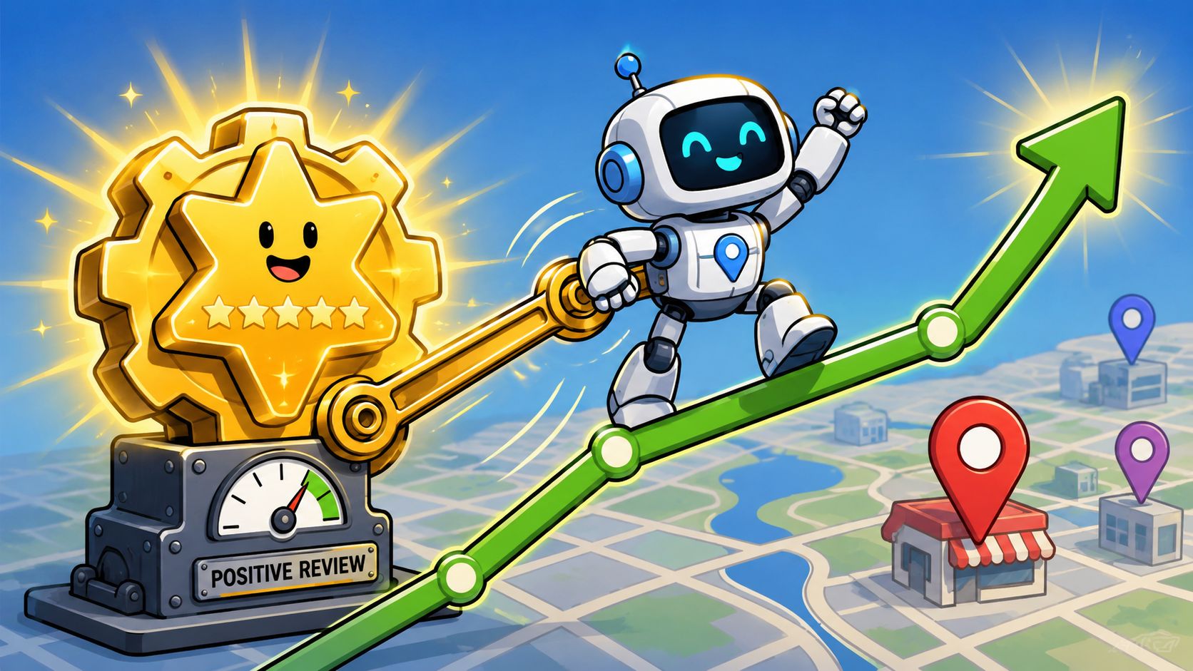 A cute robot celebrating on a rising graph that leads to a local business map location icon.
