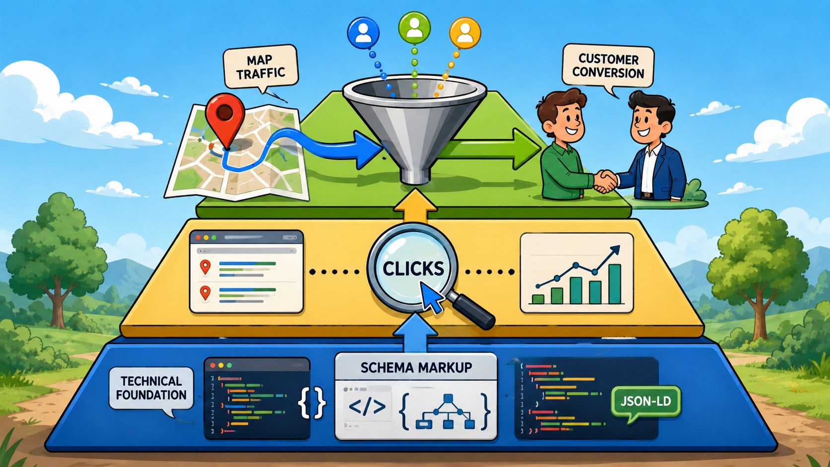 A pyramid diagram illustrating local map optimization, linking technical schema markup to customer conversions and map traffic.