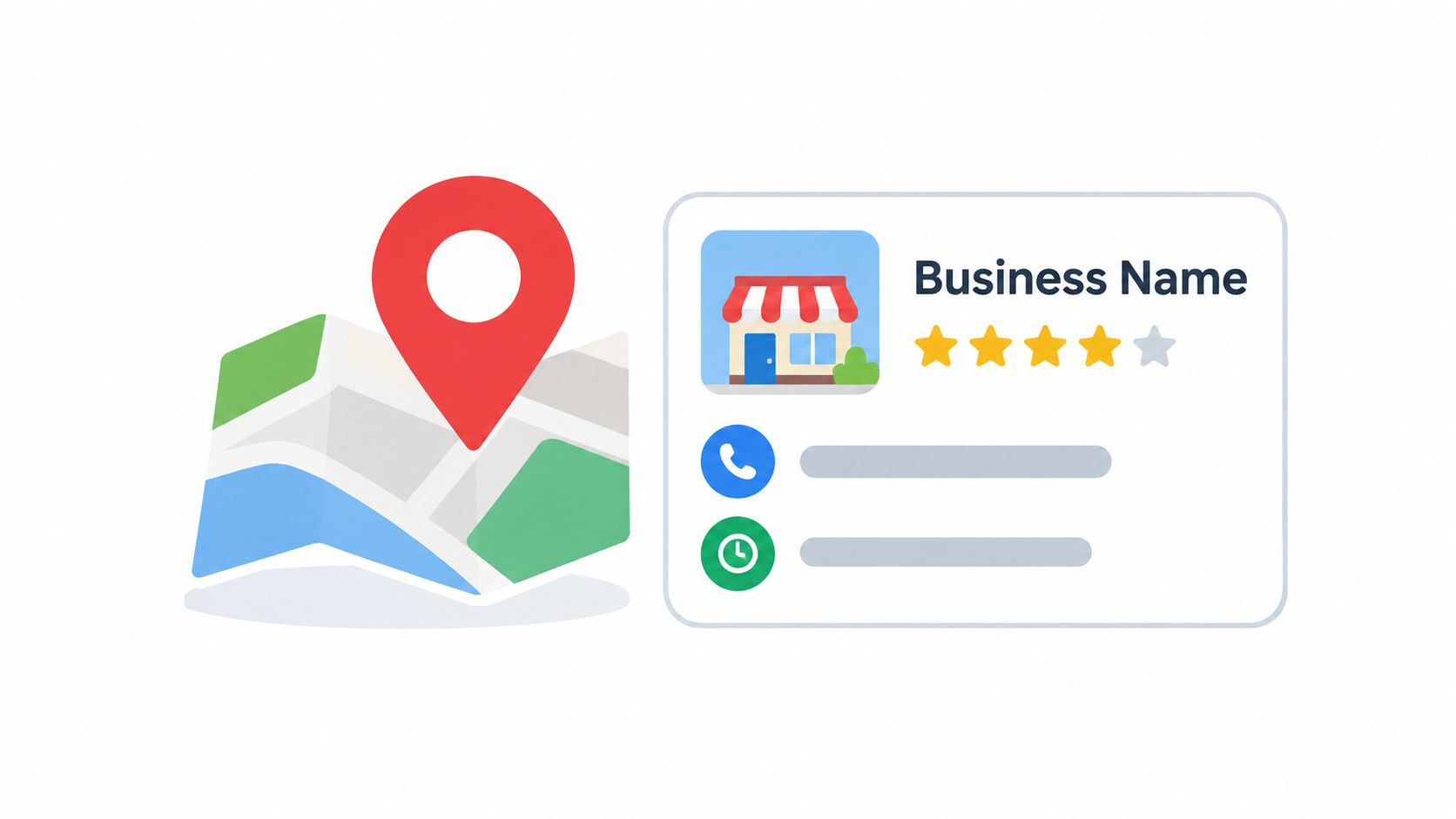 A digital illustration showing a map location pin next to a business profile card with ratings.