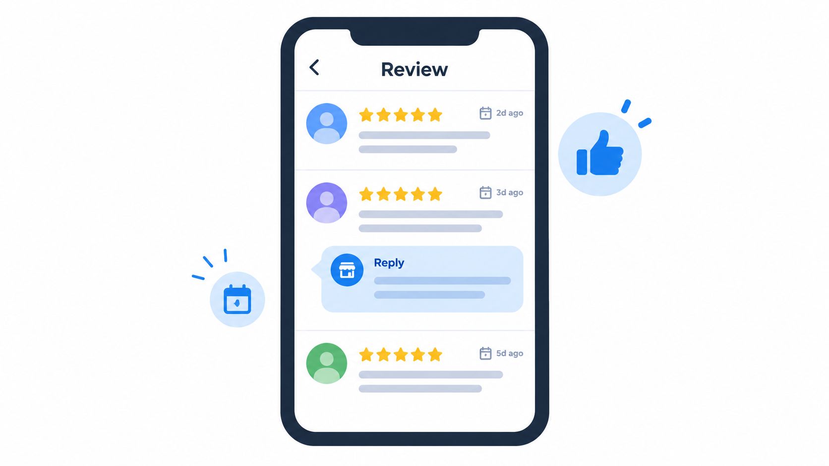 A smartphone interface displaying a review section with customer feedback ratings and store replies shown clearly.