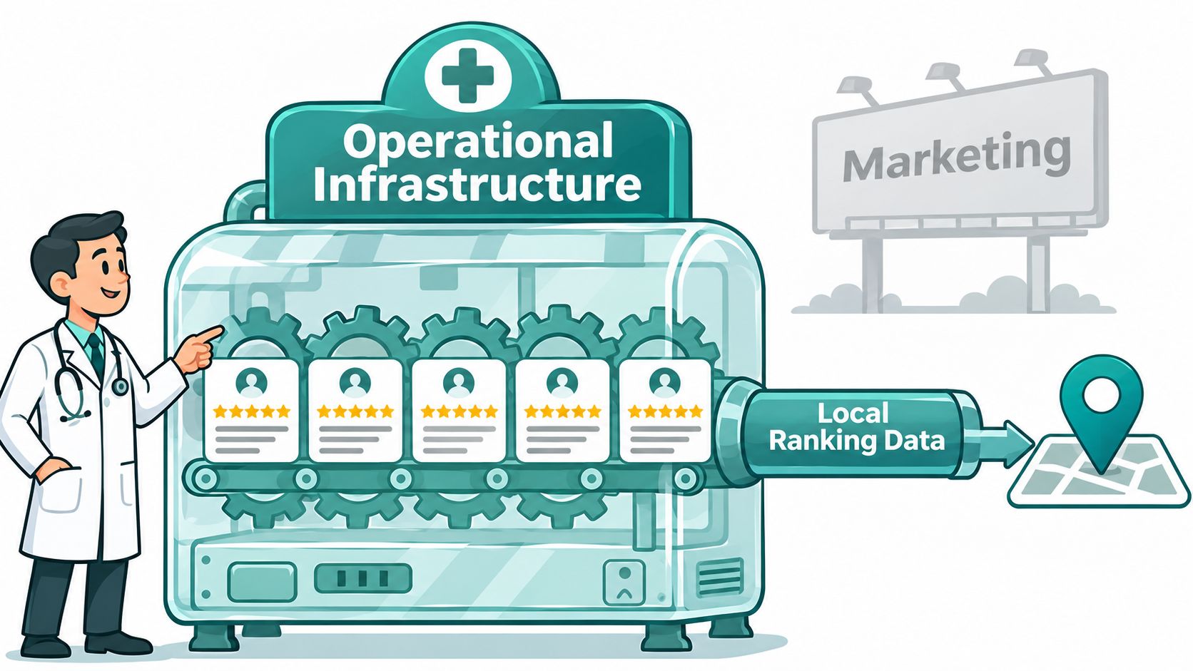 A doctor pointing at a machine illustrating operational infrastructure and its impact on local seo ranking data.