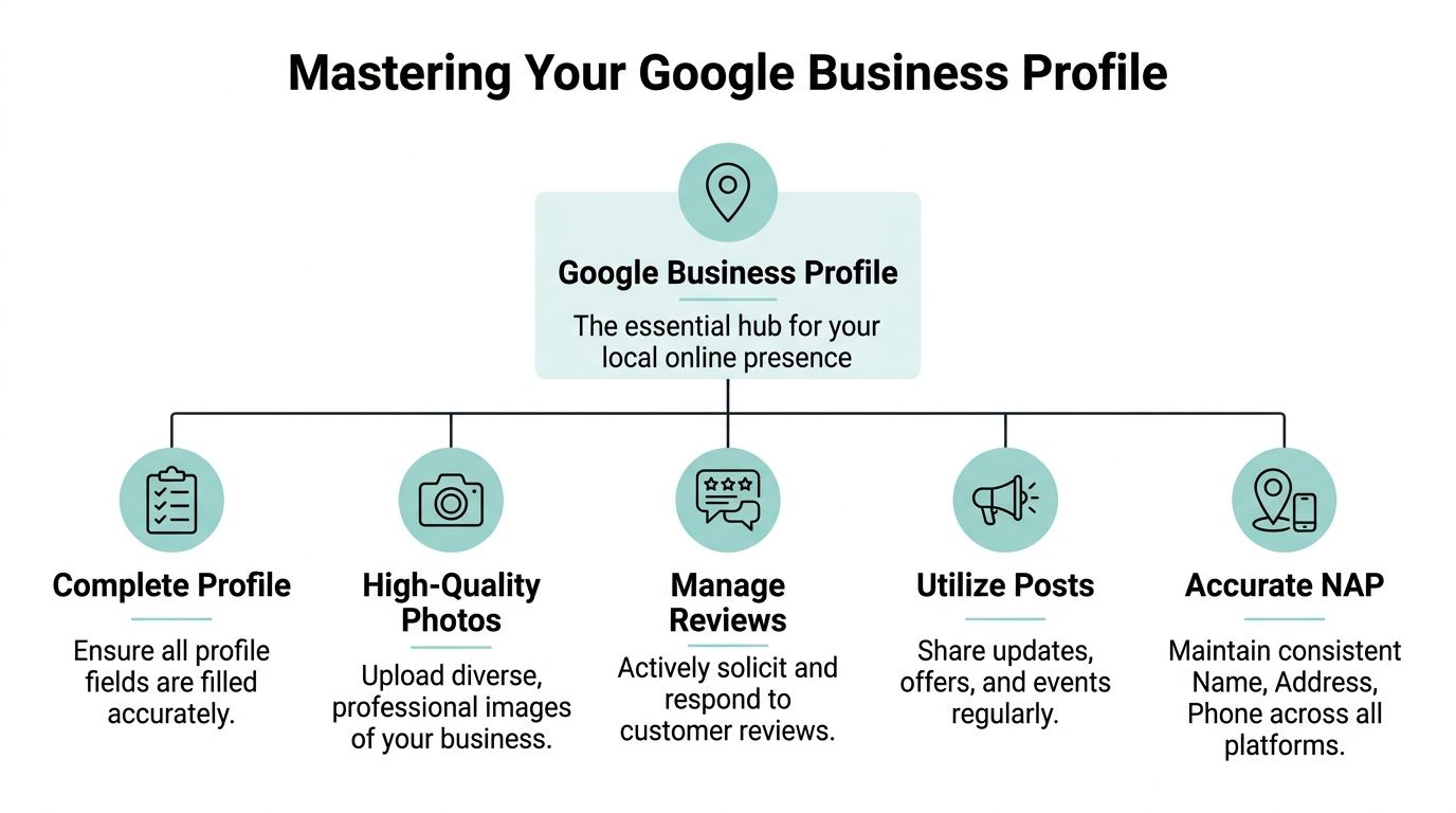 An infographic showing five key steps to optimize your Google Business Profile for better local visibility.