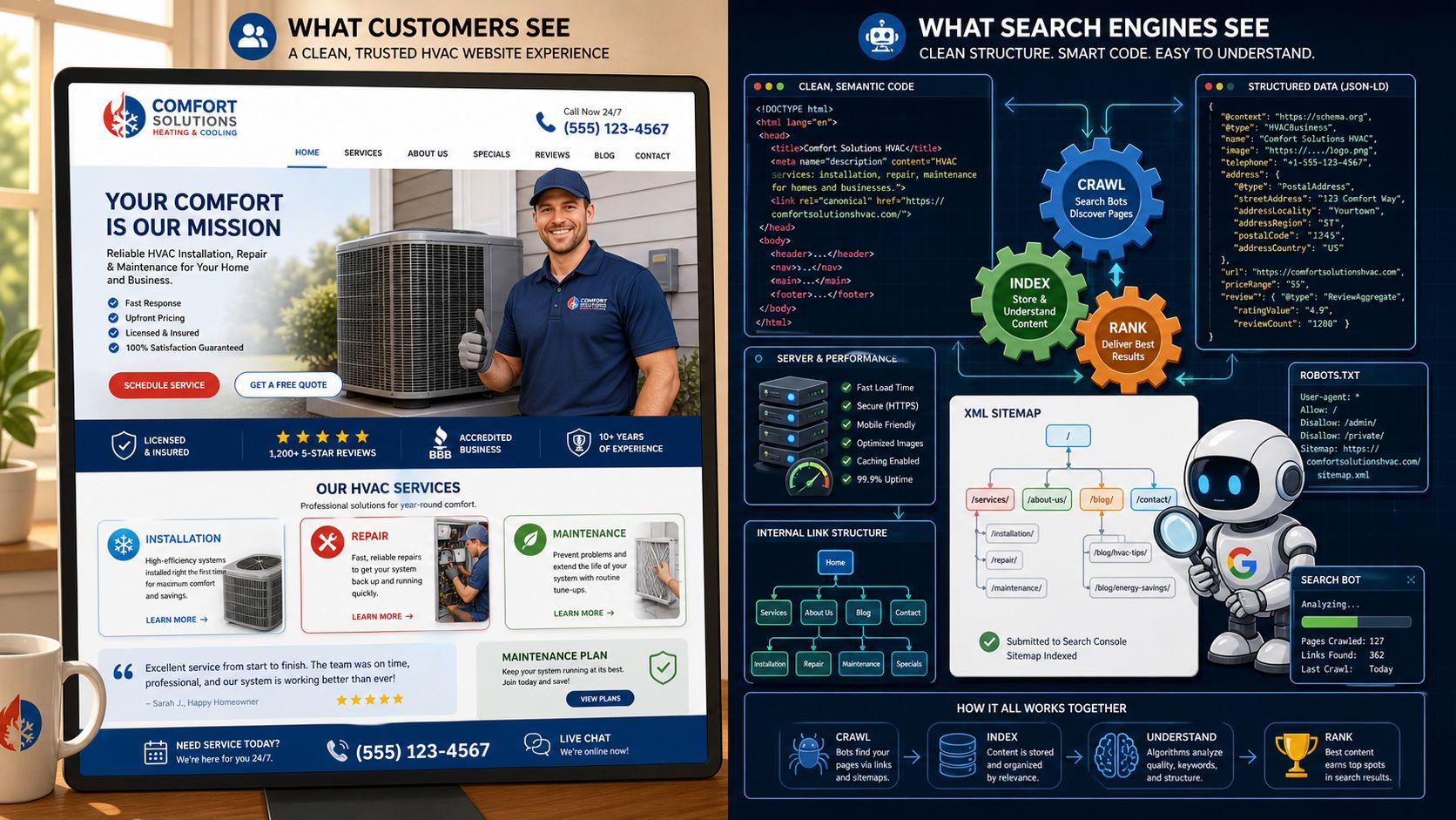 An infographic comparing a user-friendly HVAC website design with its corresponding technical SEO and search engine indexing structure.