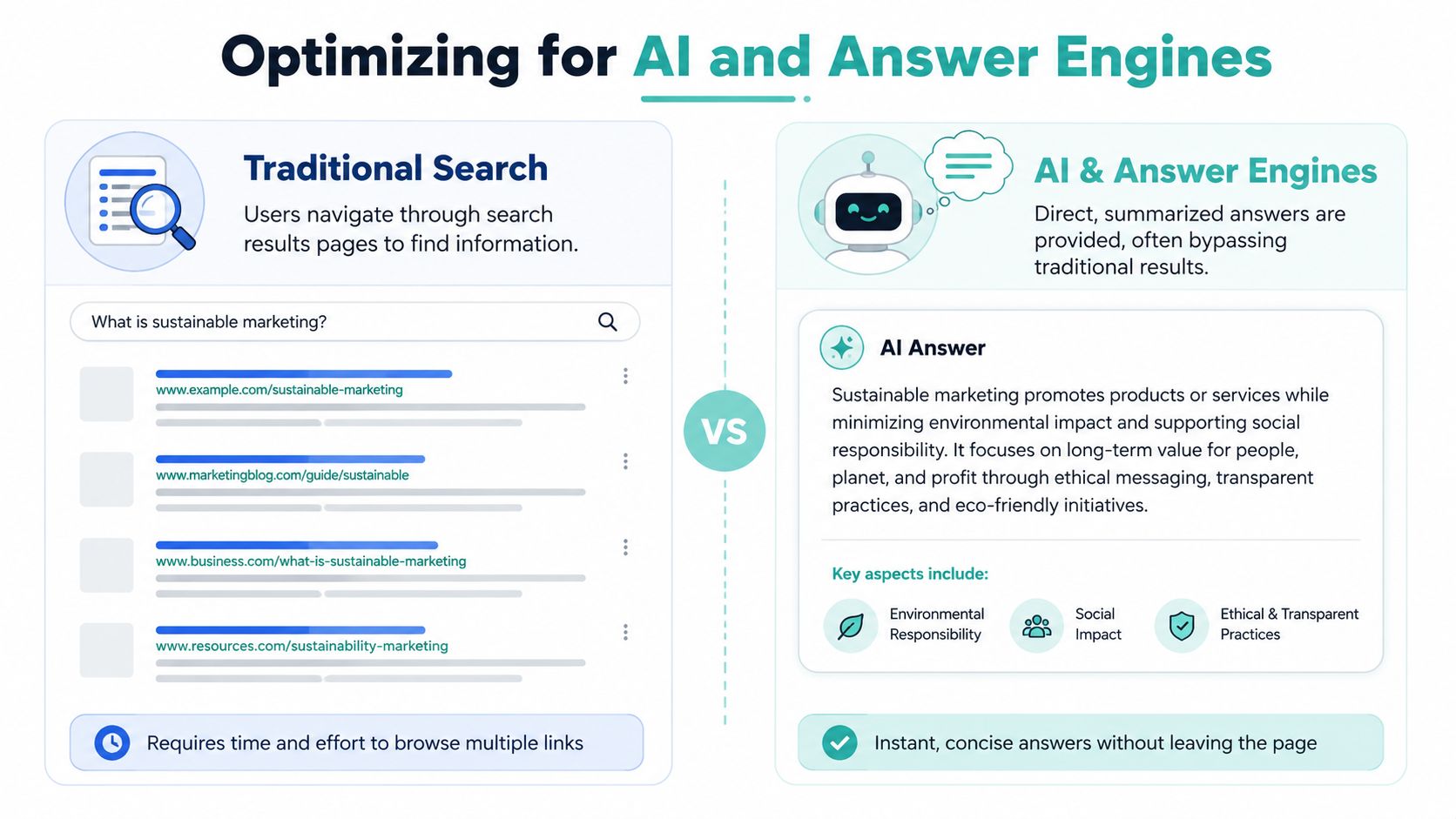 A comparison chart showing the differences between traditional search engine results and AI-powered answer engine results.