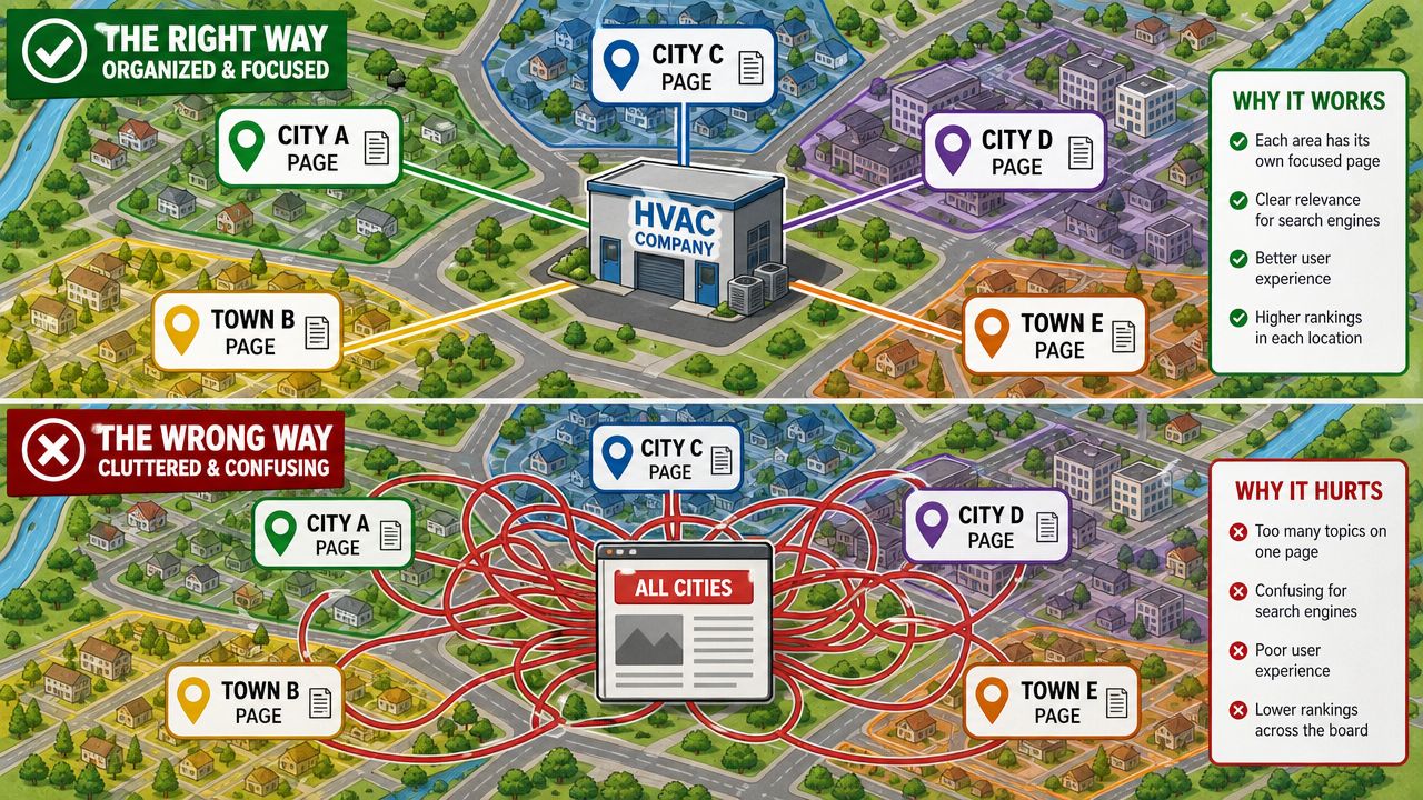 An illustration comparing effective local SEO strategies for HVAC companies versus cluttered and ineffective website structures.