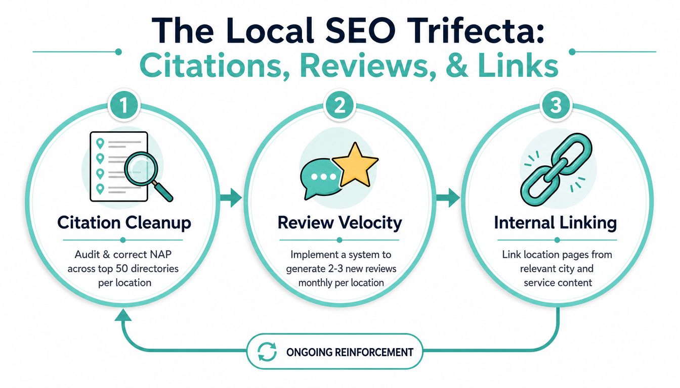 A diagram illustrating the local SEO trifecta process consisting of citation cleanup, review velocity, and internal linking.