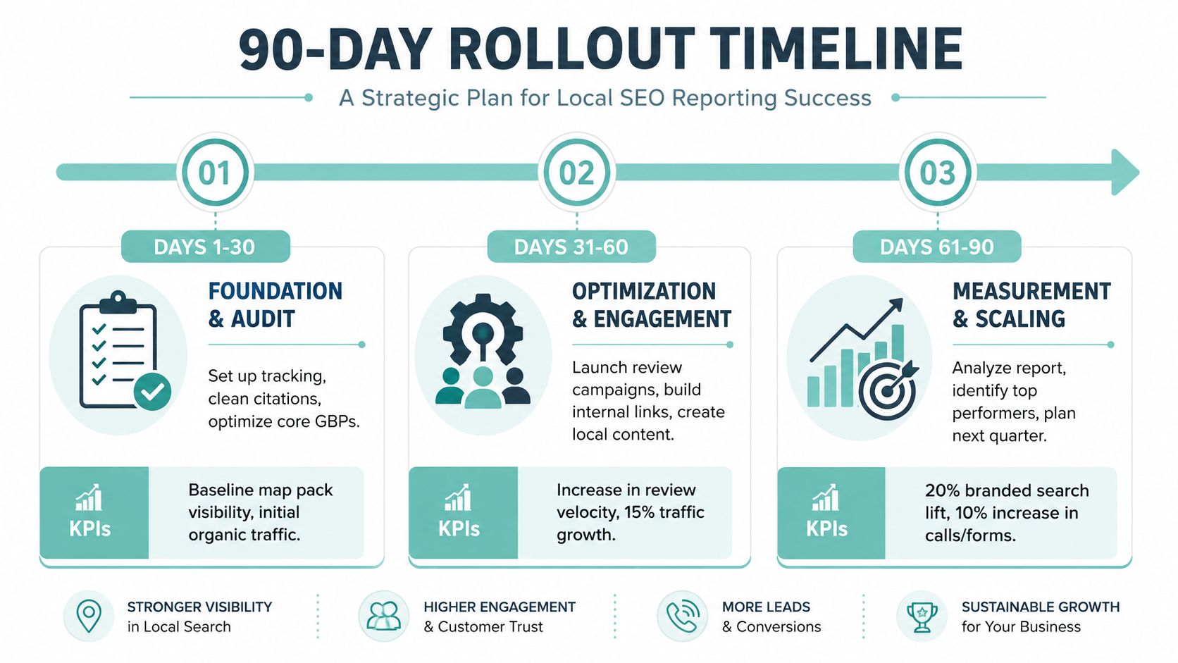A 90-day strategic rollout timeline infographic for local SEO reporting success divided into three phases.