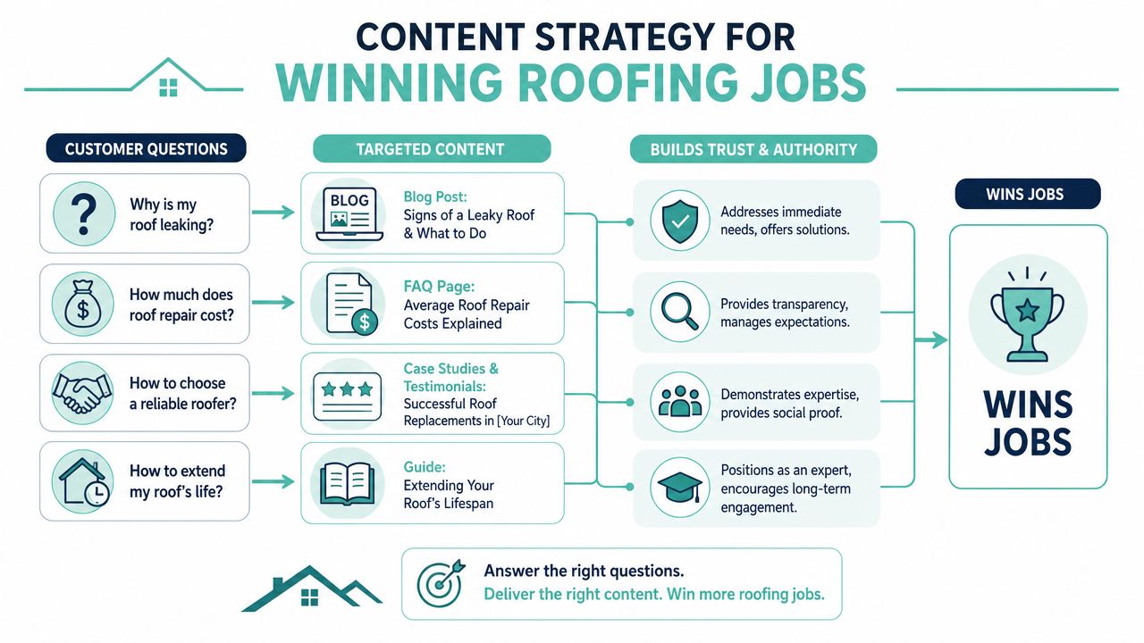 An infographic illustrating a content marketing strategy for roofers to win more jobs through customer questions.