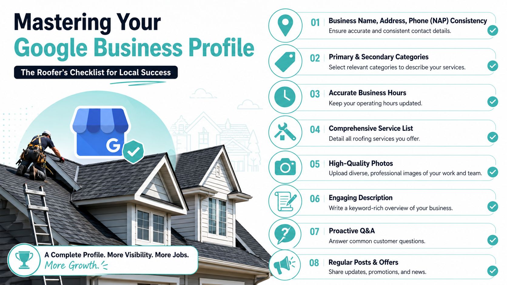 An infographic titled Mastering Your Google Business Profile featuring a roofer on a roof and a checklist.