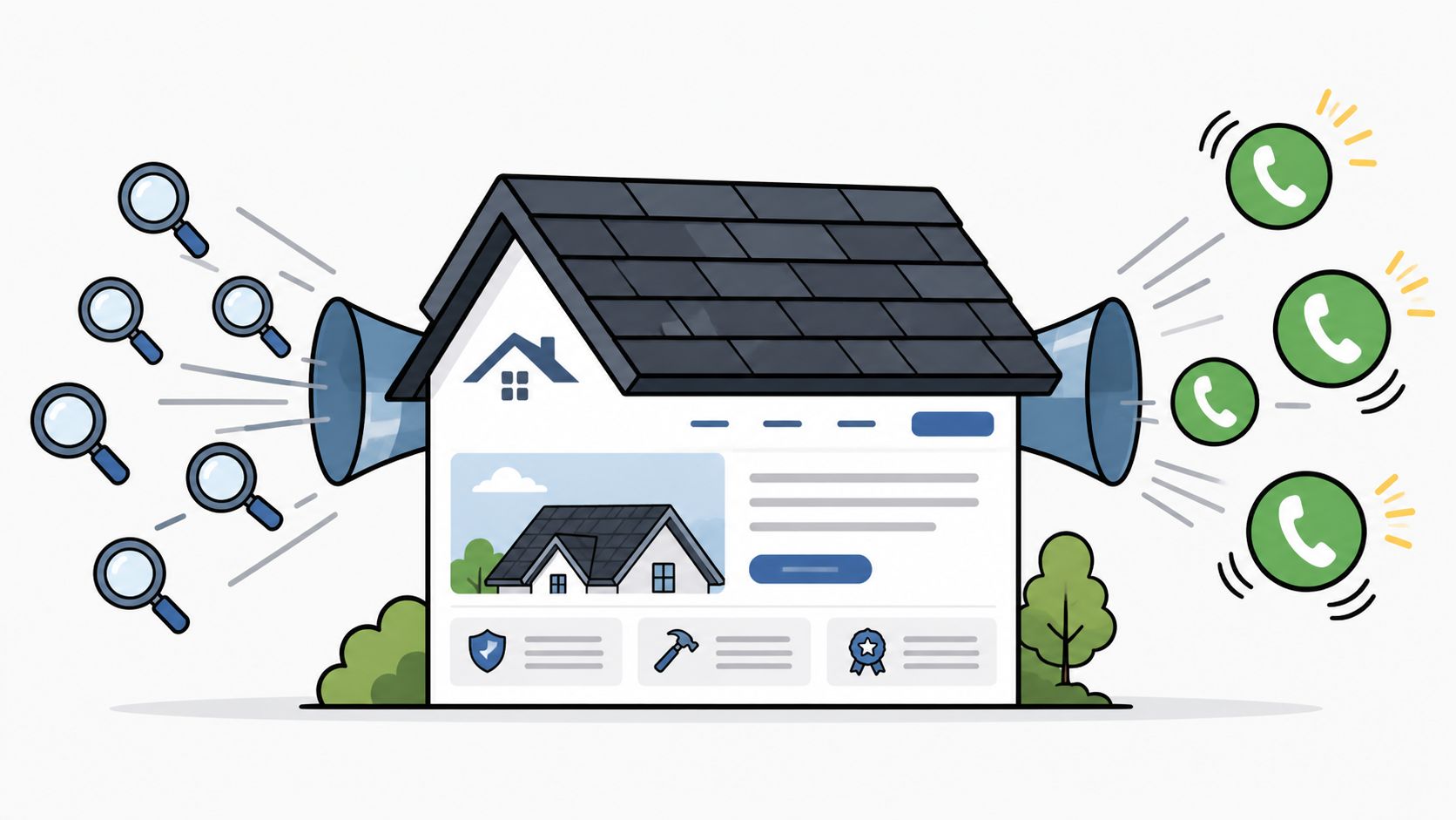 A house illustration featuring magnifying glasses on the left and ringing phone icons on the right side.