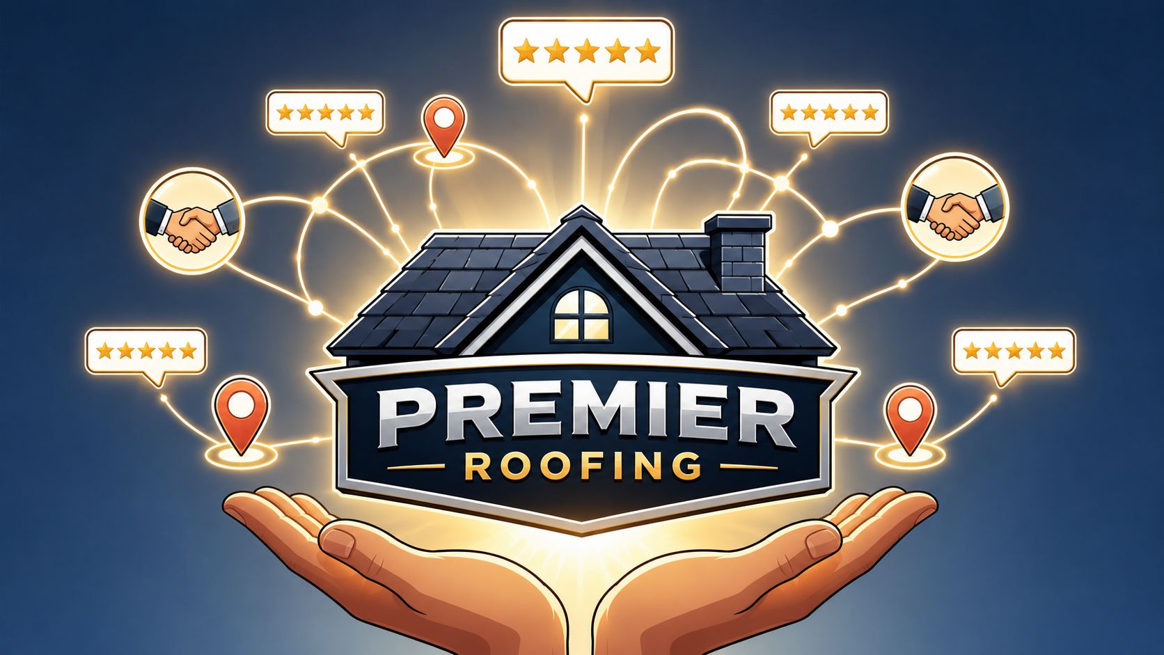 A professional graphic featuring Premier Roofing held by hands, surrounded by five-star review icons and location markers.