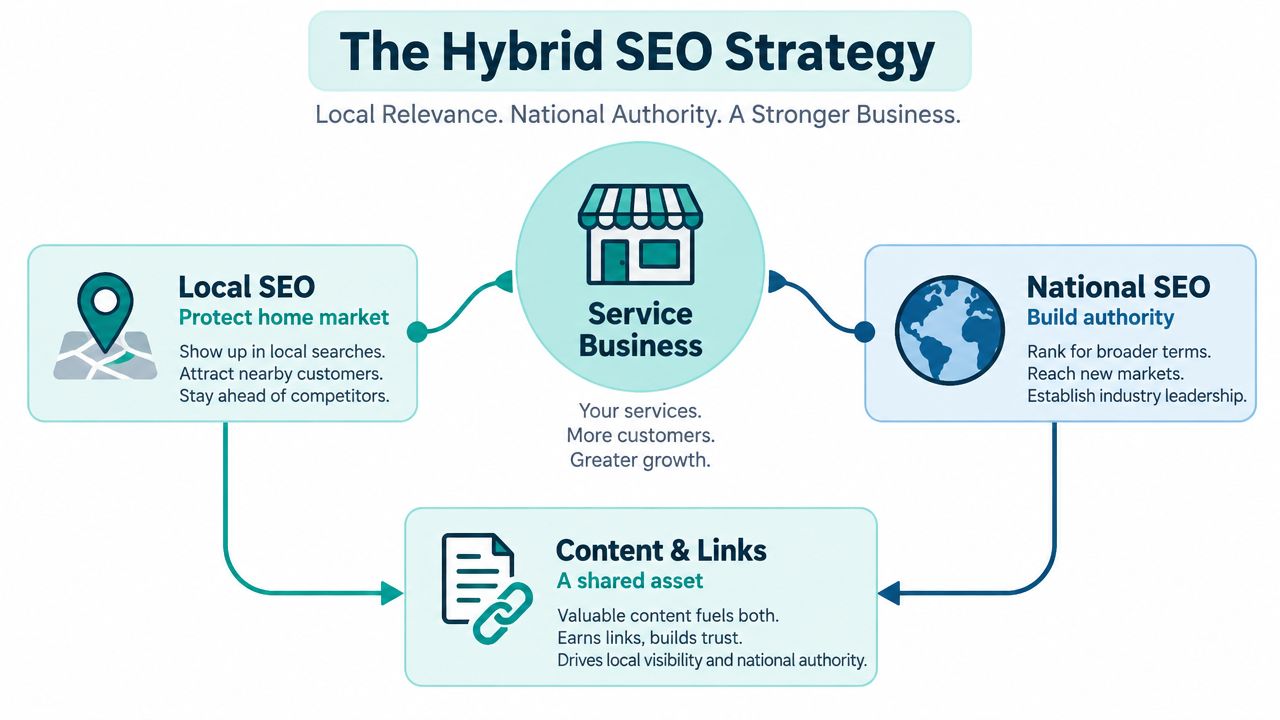 A diagram illustrating a hybrid SEO strategy for service businesses, combining local and national search optimization efforts.