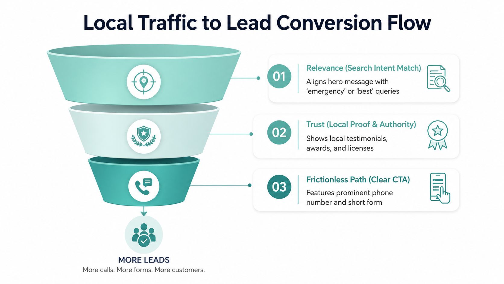 A funnel diagram illustrating the three steps for converting local traffic into leads for businesses.