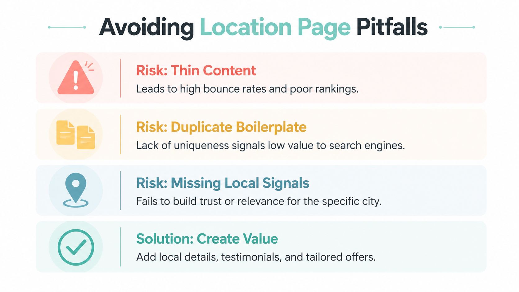 A graphic titled Avoiding Location Page Pitfalls that highlights common SEO risks and solutions for local landing pages.