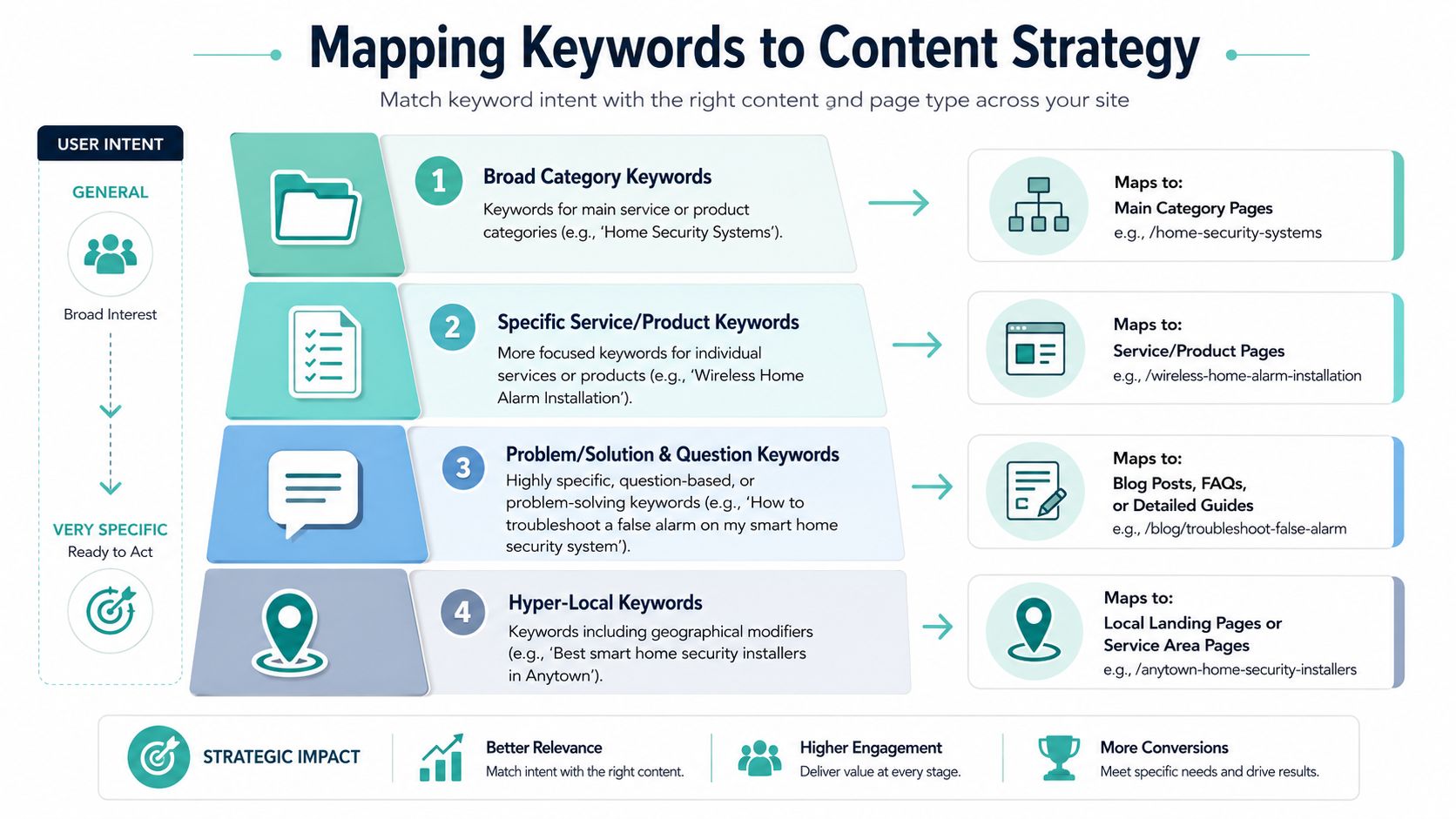 A diagram mapping keyword intent to content strategy, showcasing categories from broad terms to local intent.