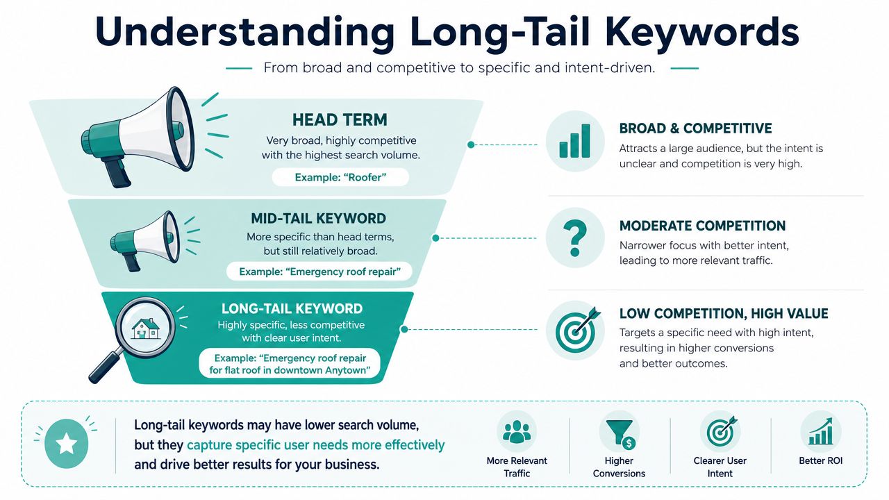 A funnel diagram explaining the difference between head terms, mid-tail keywords, and long-tail SEO strategies.