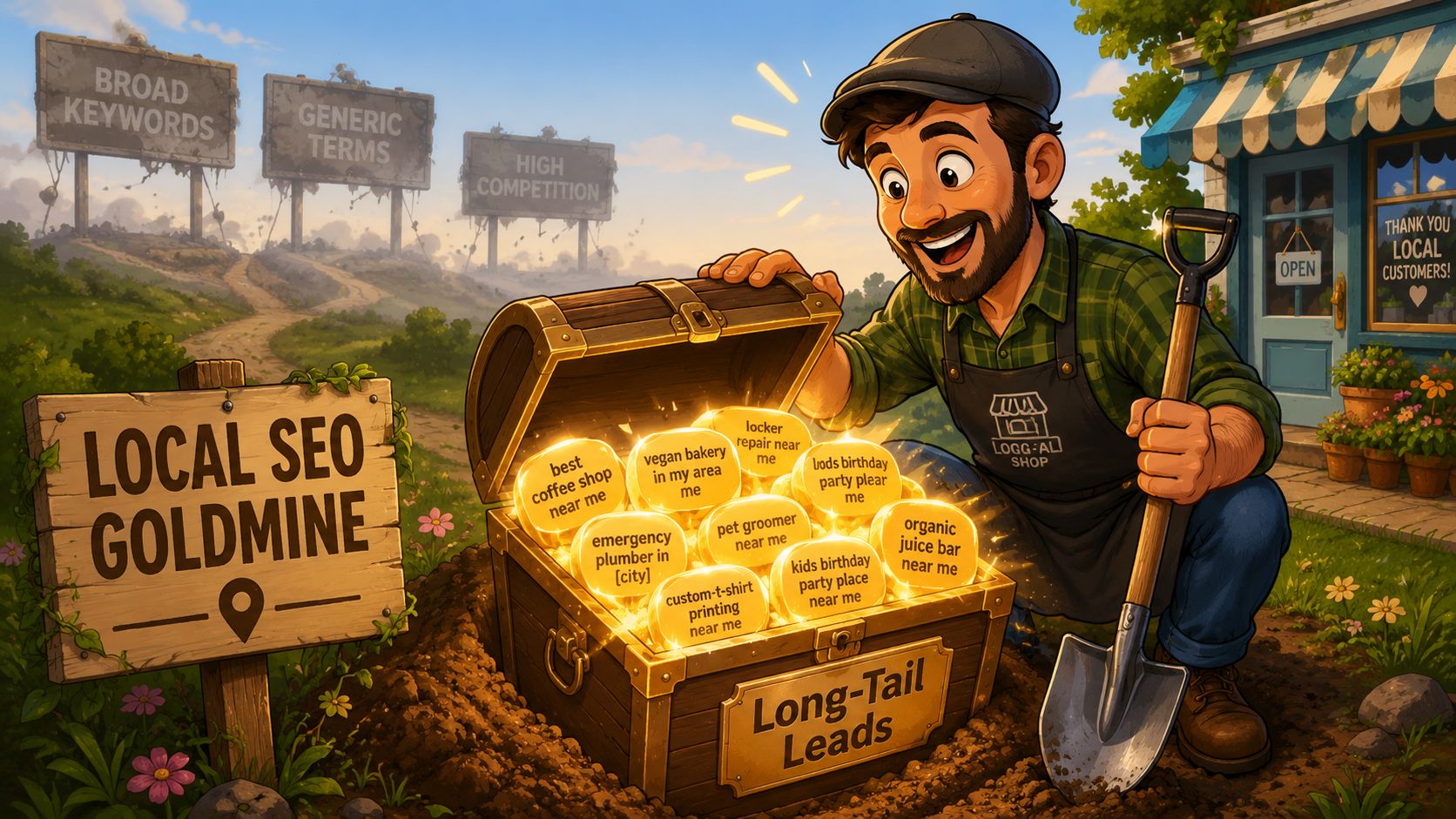 A happy man digging up a treasure chest full of gold coins representing long-tail local SEO keywords.