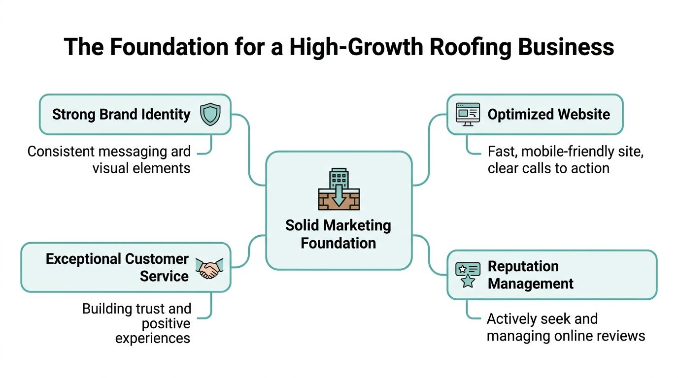 A diagram outlining the four essential pillars for building a successful and high-growth roofing business marketing strategy.