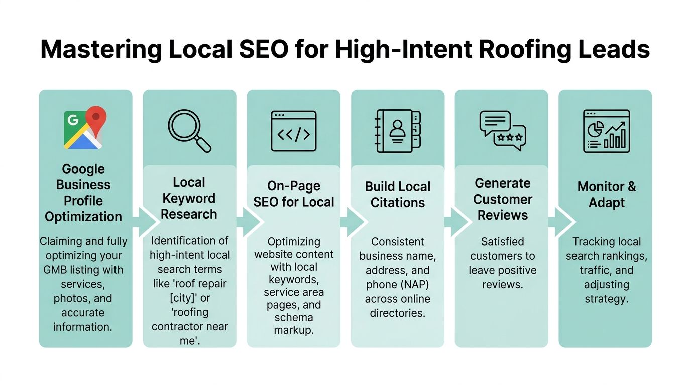 A six-step infographic illustrating the essential strategies for mastering local SEO for roofing company lead generation.