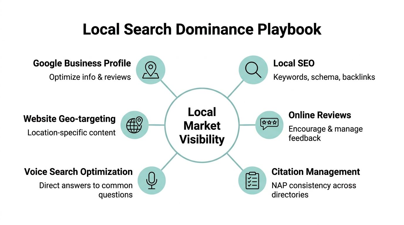 A diagram outlining key strategies for achieving local market visibility and effective local search engine optimization.