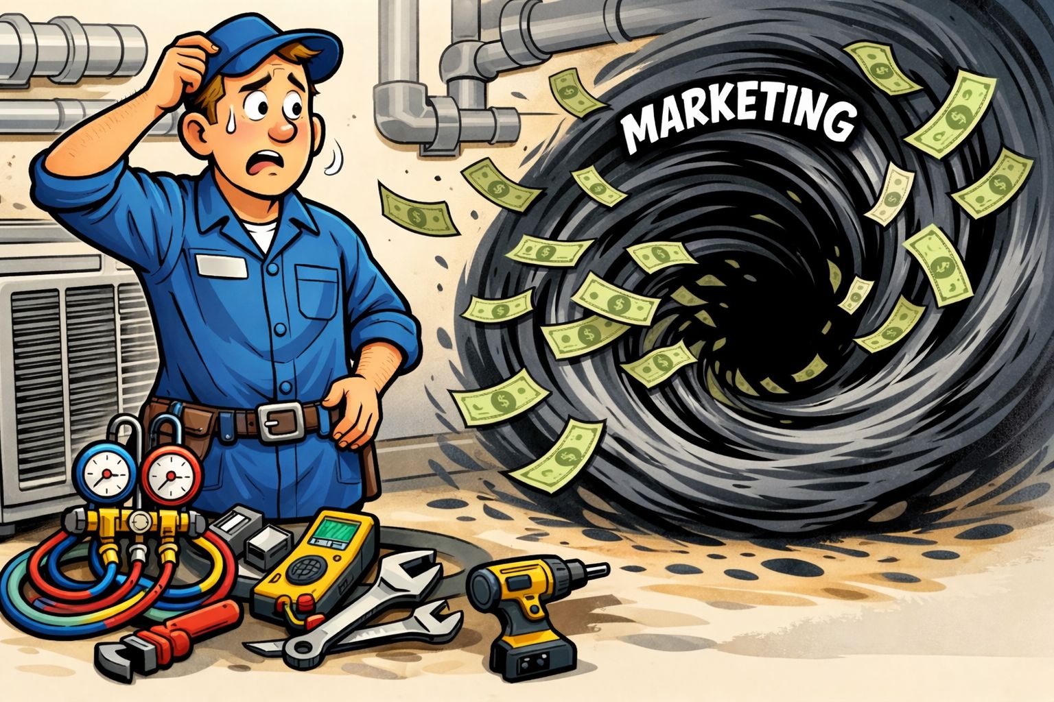 A confused HVAC technician watching money being sucked into a vortex labeled Marketing, depicting business financial struggles.
