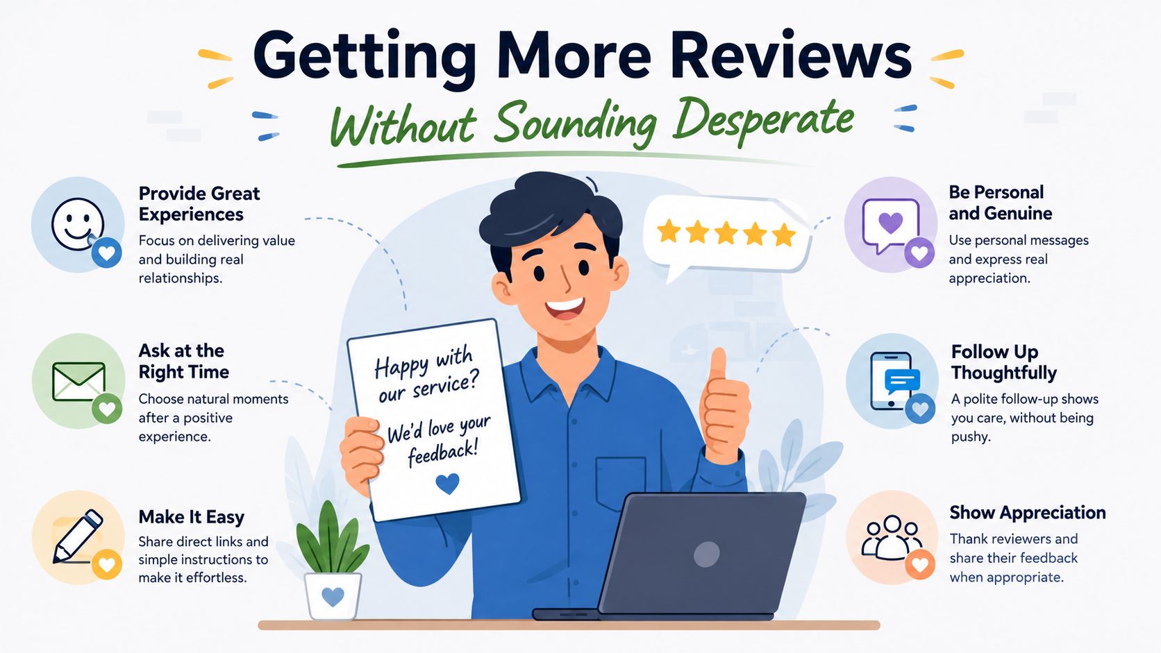 A friendly illustration showing tips for small businesses to get customer reviews without appearing overly desperate.