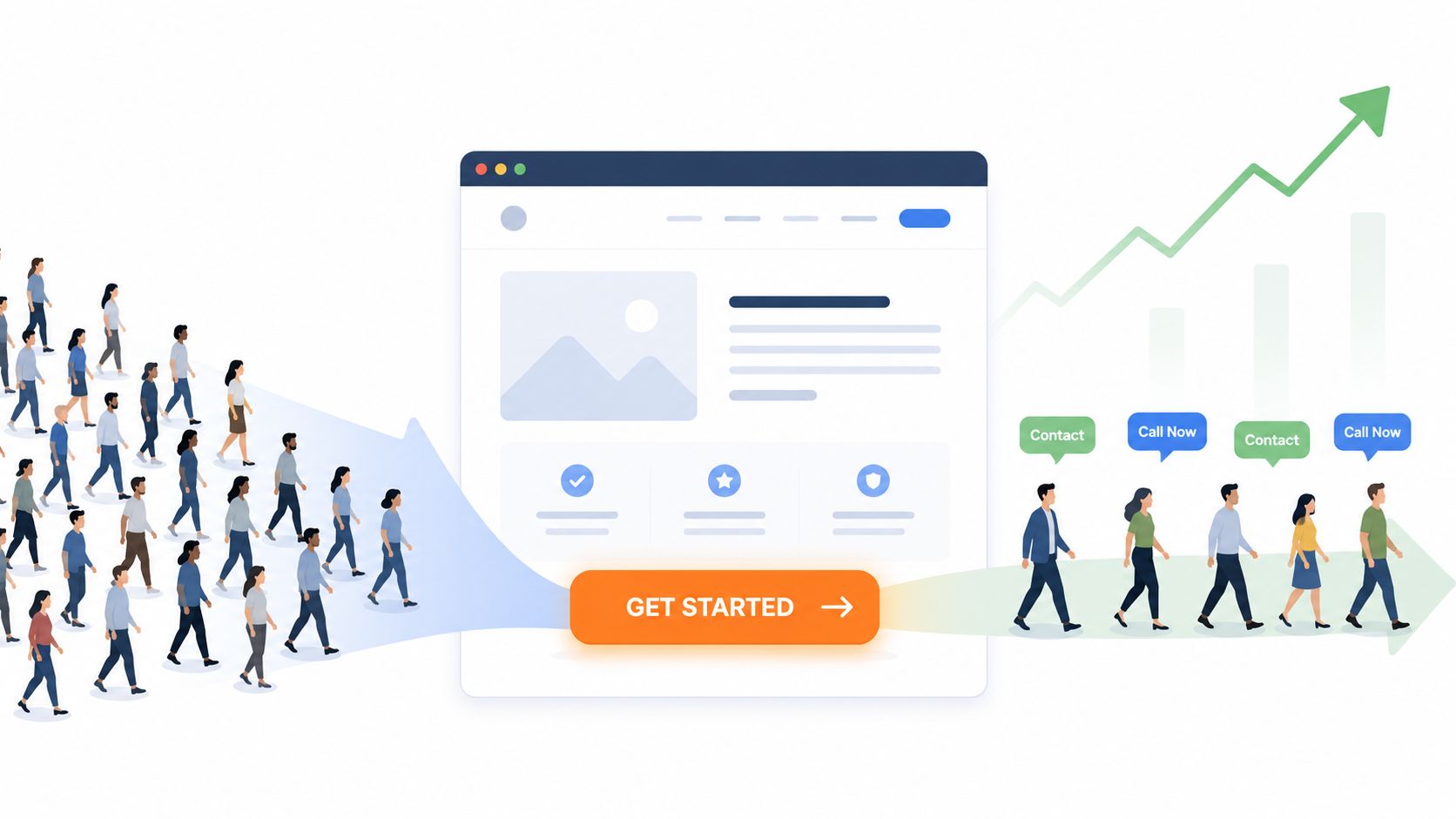 An illustration showing a large crowd of people walking into a website landing page that converts into active leads.