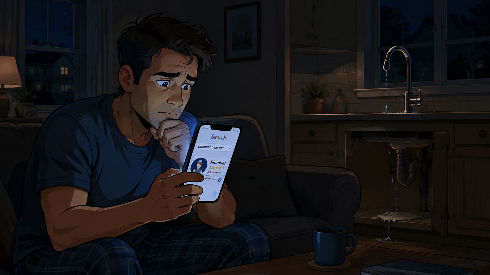 A worried man sitting in his living room at night searching for a plumber on his smartphone.