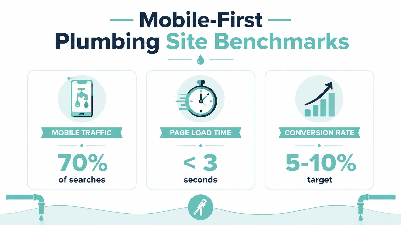 An infographic detailing mobile-first plumbing website benchmarks for mobile traffic, page load speed, and conversion rate targets.