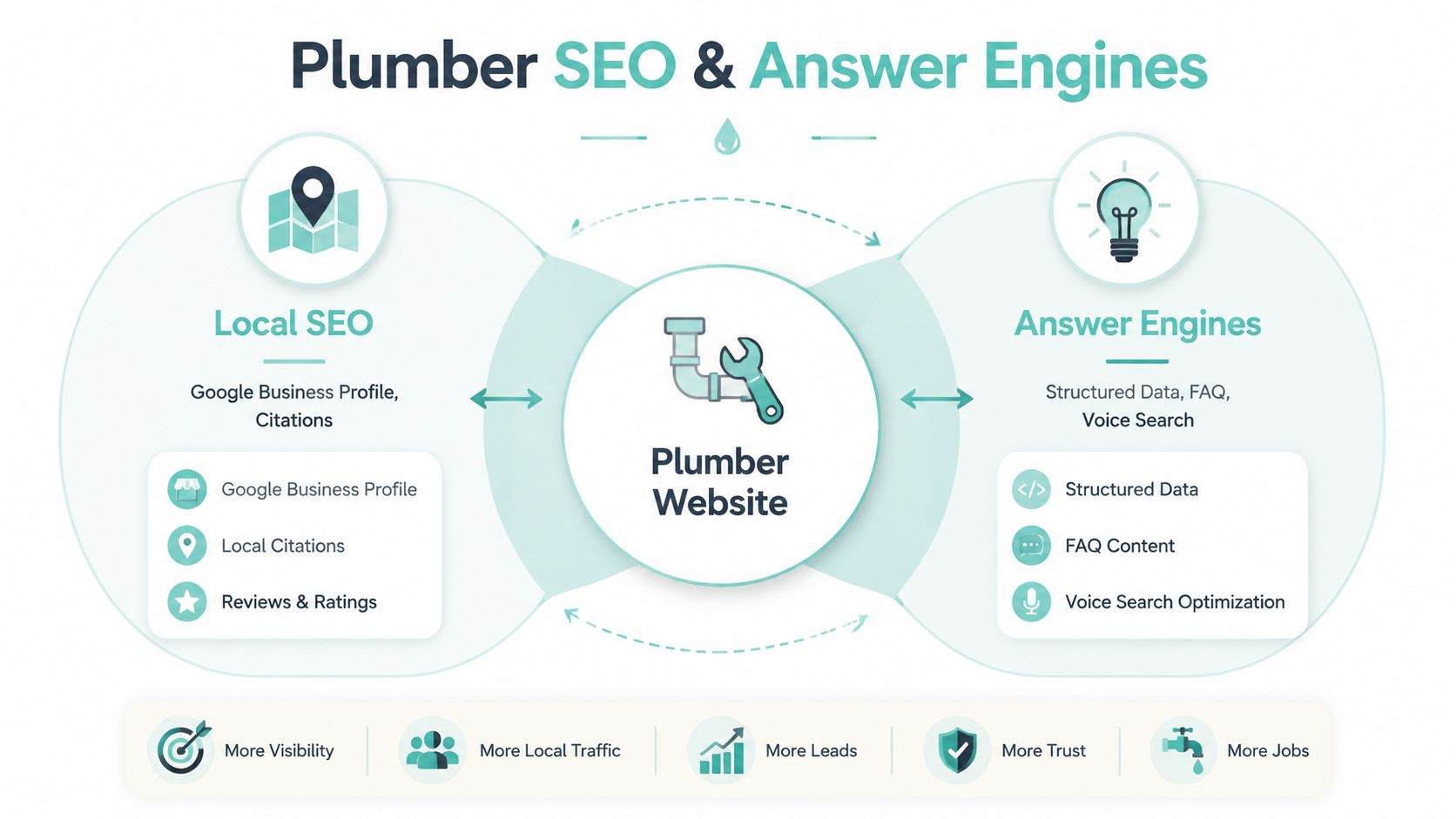 A diagram illustrating how Local SEO and Answer Engines strategies improve plumber website traffic and lead generation.